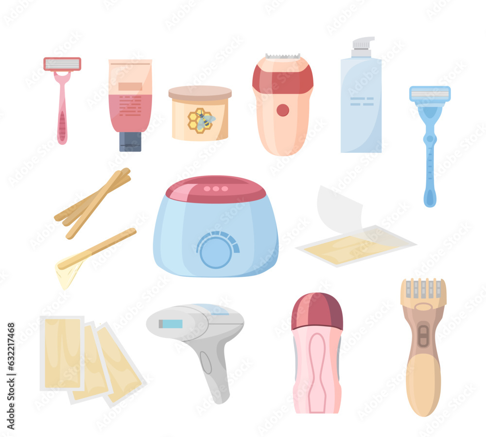 Obraz premium Hair removal tools and cosmetics set flat vector illustration isolated on white.