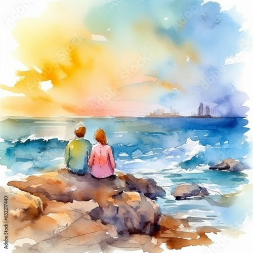 Couple in love on background of romantic seascape. AI illustration..