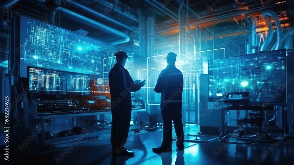 Factory Digitization: Two Industrial Engineers Use Tablet Computer, Big Data Statistics Visualization, Optimization of High-Tech Electronics Facility. Industry 4.0 Machinery Manufacturing Products Factory Digitization: Two Industrial Engineers Use Tablet Computer, Big Data Statistics Visualization, Optimization of High-Tech Electronics Facility. Industry 4.0 Machinery Manufacturing Products