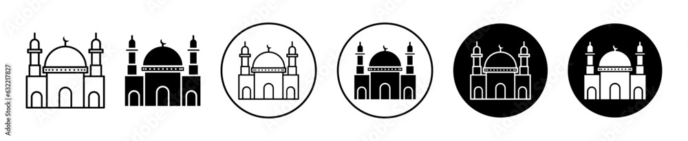 Islamic mosque icon set. muslim masjid with dome and minaret in black filled and outlined style.