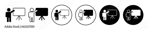 Training icon set. business coach or mentor webinar vector symbol. classroom lecture session sign. online workshop or education seminar icons. staff presentation board pictogram
