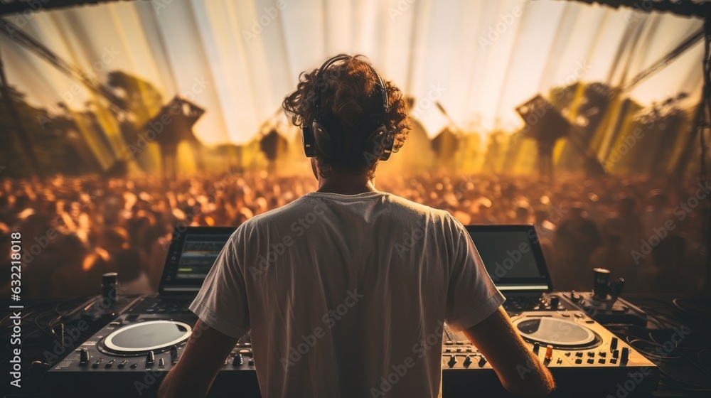DJ performing in front of a lively crowd at a music festival. Generative AI