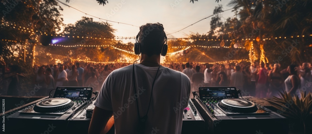 Fototapeta premium DJ performing in front of a lively crowd at a music festival. Generative AI