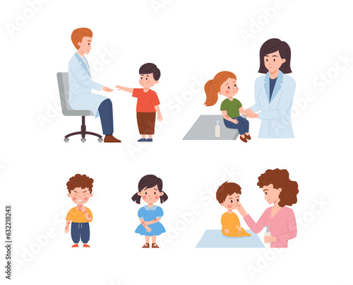 Set of children having atopic dermatitis rash flat style, vector illustration