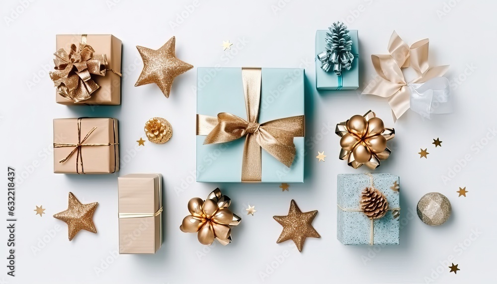 Christmas Flat Lay Background.Beautiful christmas golden shiny decorations on a white background.New Year composition.Holiday card.Top view, copy space Christmas Flat Lay Background.Beautiful christmas golden shiny decorations on a white background.New Year composition.Holiday card.Top view, copy space