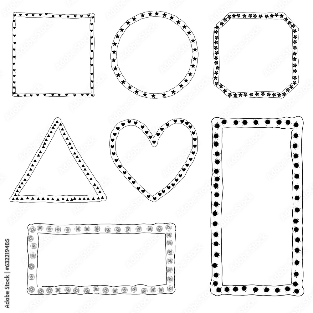 Set of Hand drawn frame and border with different shapes: heart, square, cycle, rectangle. Set of Hand drawn frame and border with different shapes: heart, square, cycle, rectangle.