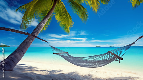 hammock in the shade of palm trees on the background of the ocean. Generative Ai.