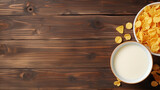 cup with milk and plate with corn flakes on wooden brown table, top view. Generative Ai.