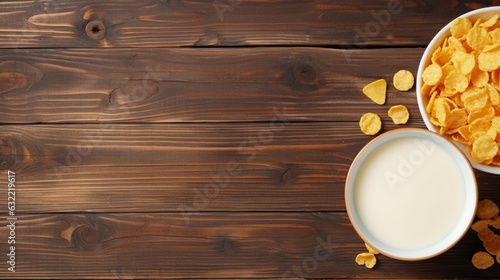 cup with milk and plate with corn flakes on wooden brown table, top view. Generative Ai.