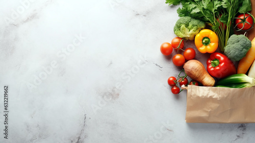 beautiful fresh vegetables and herbs on a white marble background top view for your design. Generative AI. © PETR BABKIN