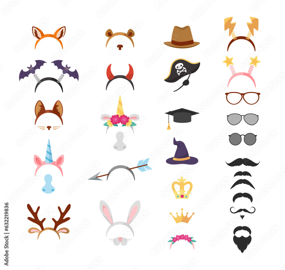 Photo booth props with headbands and hats, flat vector illustration isolated.