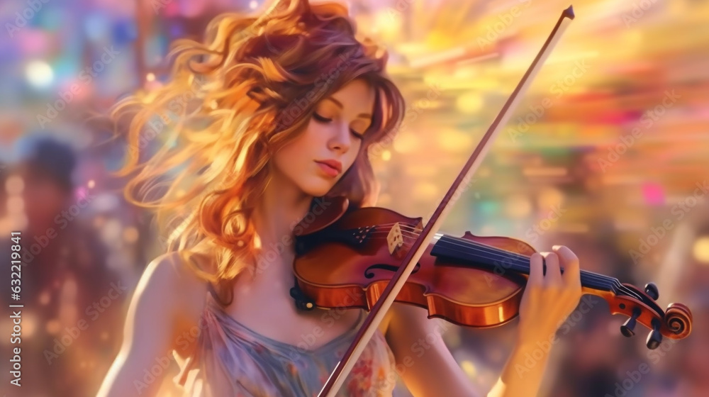 girl playing the violin on the background of an evening disco, illustration in abstract impressionism style. Generative AI.
