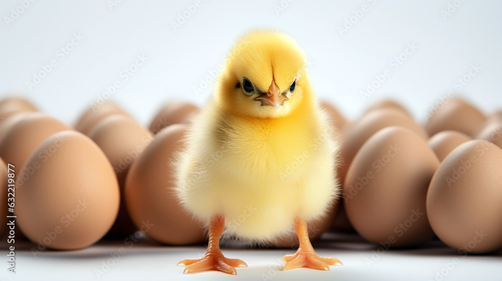 little yellow chicken in the background and eggs close up. Generative AI.