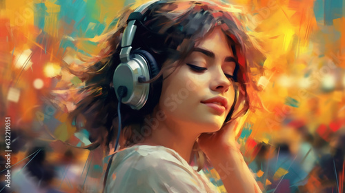 young girl listening to music with headphones on a colorful background, illustration in abstract impressionism style. Generative AI.