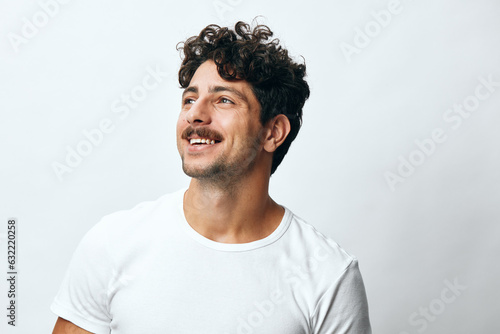 Man standing fashion isolated smile casual confident attire portrait lifestyle background white closeup hipster t-shirt © SHOTPRIME STUDIO