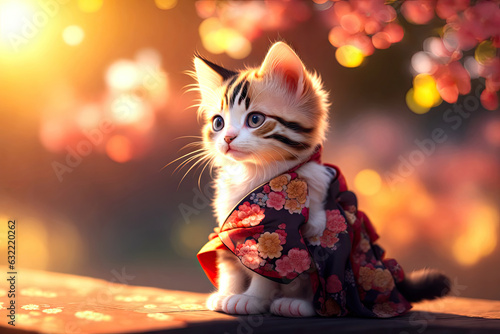 realistic kitten wearing kimono bokeh background. ai generative