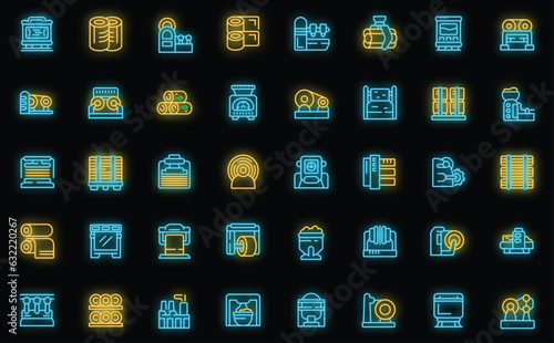 Equipment for paper production icons set outline vector. Factory roll. Wood process neon color on black