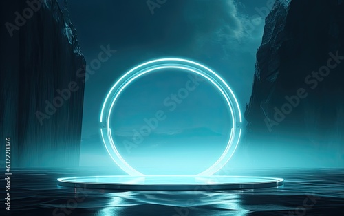 3d render of a neon light sphere with reflection.