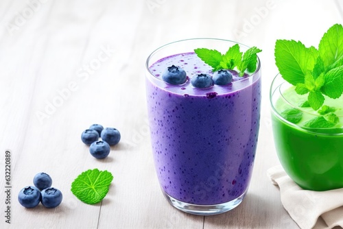 blueberry smoothie with mint garnish on the table. ai generative
