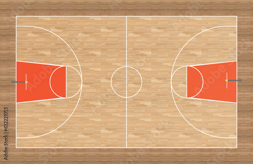 basketball court yard. basketball court with wooden parquet flooring and markings lines. Outline basketball playground top view. Sports ground for active recreation.