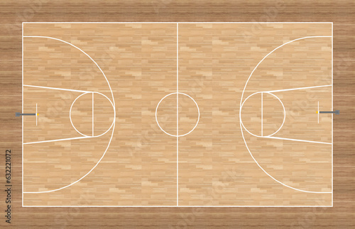 basketball court with wooden parquet flooring and markings lines. Outline basketball playground top view. Sports ground for active recreation.