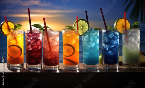 Tropical Beverage : Cocktail made with Exotic Fruits of the Summer. Tropical Background of the Beach of the Ocean.