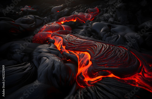 Generative AI image of red hot lava, molten magma flows onto solidified black lavafield and rocky land near volcano eruption, HD background wallpaper