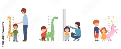 Set of children measuring height with decorative wall meters flat style