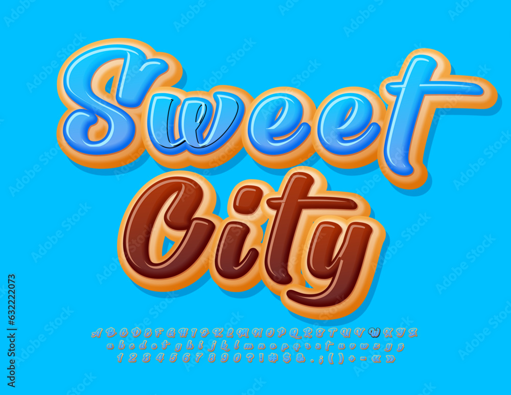 Vector delicious template Sweet City. Blue glazed set of cursive Alphabet Letters and Numbers. Cake style Font