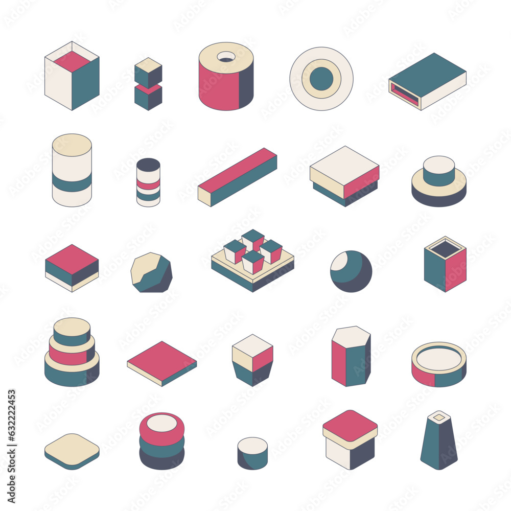 Vetor de Vector set of 3d and flat geometric shapes. Isometric contour ...