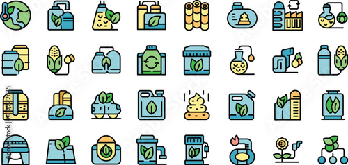 Biogas icons set outline vector. Energy biofuel. Corn plant thin line color flat on white