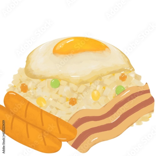 Fried rice, fried egg and bacon