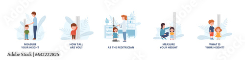 Set of children measuring height flat style, vector illustration