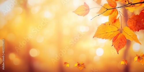 Colorful universal natural autumn background for design with orange leaves and blurred background