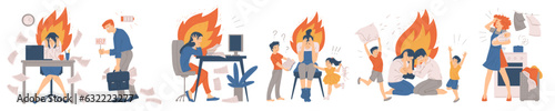 Set of people having burnout flat style, vector illustration