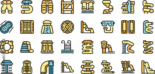 Aquapark slide icons set outline vector. Summer park. Child wave thin line color flat on white