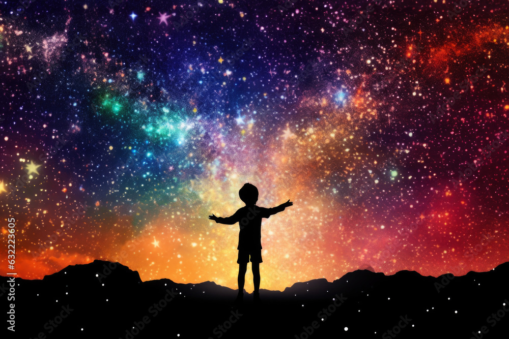 Silhouette of Child Boy Raising Hands Against  Starry Night Universe