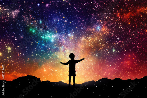 Silhouette of Child Boy Raising Hands Against Starry Night Universe