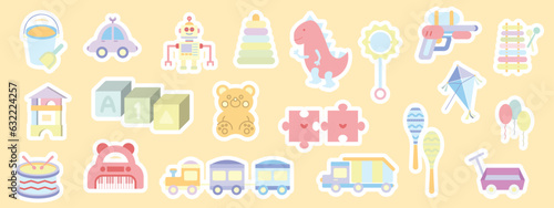Baby toy set cute object for small children to play. Toys sticker collection.
