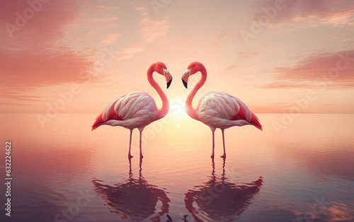 Two flamingos in the water at the sunset sky.