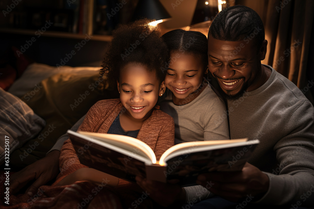 Parents reading a book with their daughter. Happy black family at home Parents reading a book with their daughter. Happy black family at home