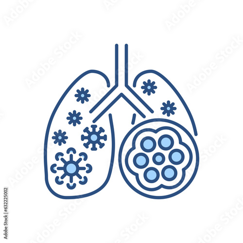 Pneumonia related vector icon. Lungs with alveoli and coronavirus. Pneumonia sign. Isolated on white background. Editable vector illustration