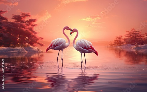 Two flamingos in the water at the sunset sky.