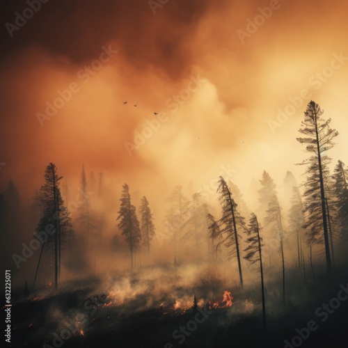The forest is filled with thick smoke from a forest fire. Generative AI