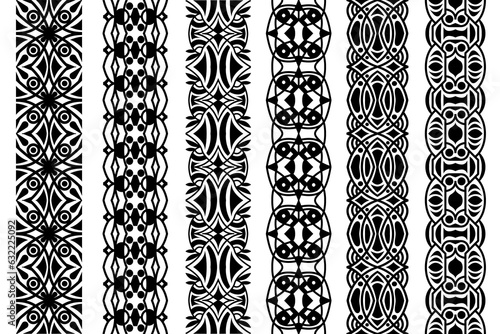 Abstract lace trim patterns set. Seamless patterns with floral elements in black color. Ornamental lace tape designs.