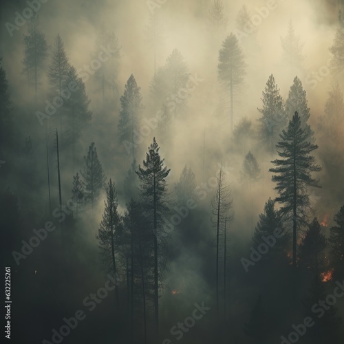 The forest is filled with thick smoke from a forest fire. Generative AI © ColdFire