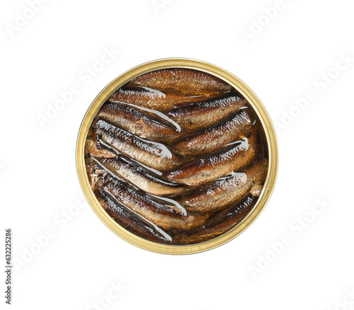One tin can of sprats isolated on white, top view