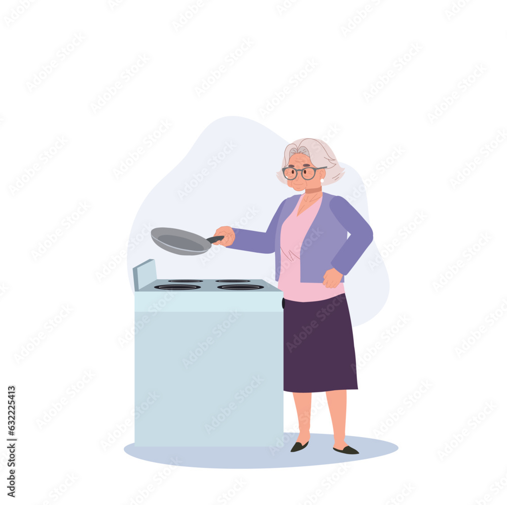 Elderly Woman Culinary Chef concept. Granny Cooking Traditional Homemade Meals on Stove. Flat vector cartoon illustration Elderly Woman Culinary Chef concept. Granny Cooking Traditional Homemade Meals on Stove. Flat vector cartoon illustration