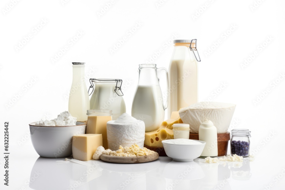 Dairy products on a white background. Milk, sour cream, cottage cheese, cheese, sour cream. Generative AI Dairy products on a white background. Milk, sour cream, cottage cheese, cheese, sour cream. Generative AI