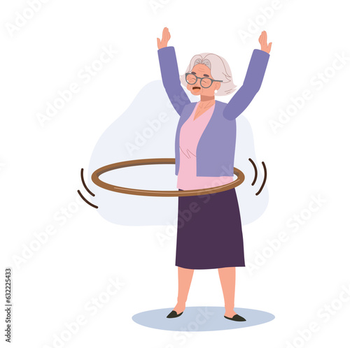 Senior Lifestyle Enjoyment concept. Happy Elderly Woman with Hula Hoop. Granny Enjoying Fun Hula Hoop Game